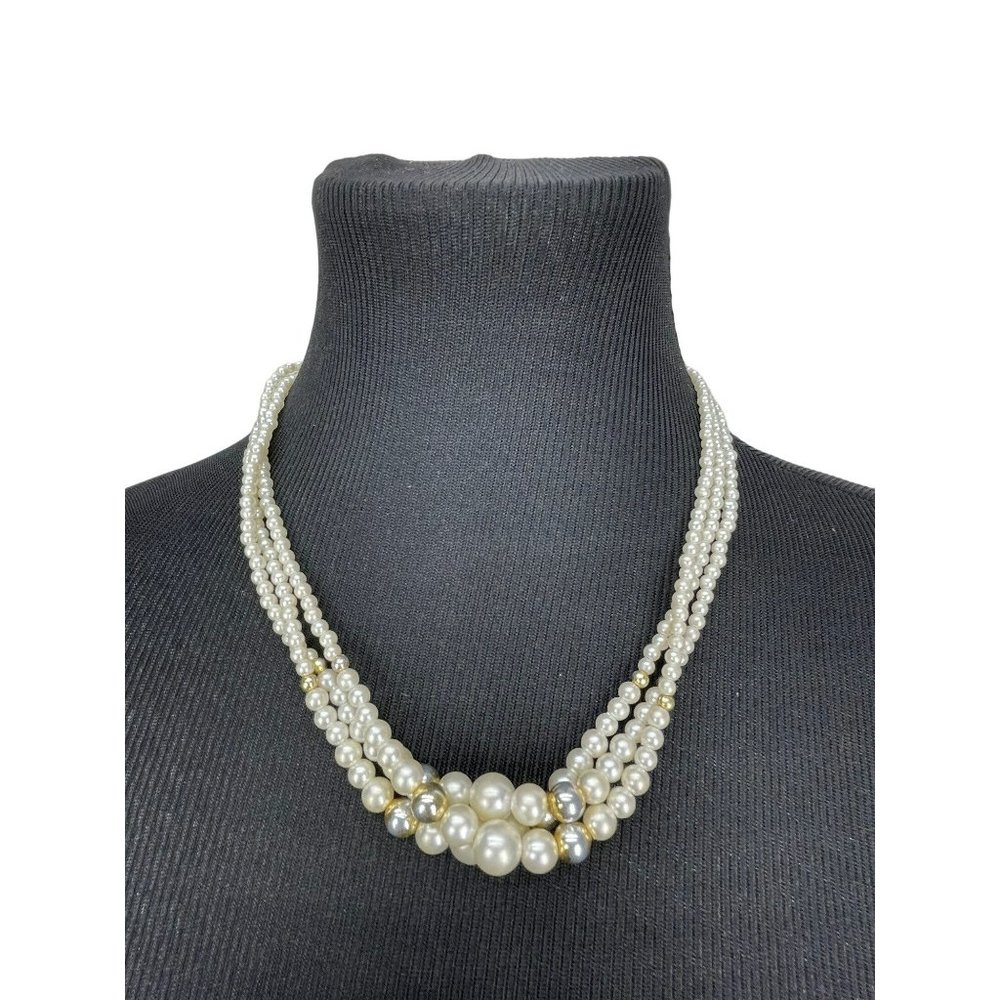 Vintage Necklace Lucite White Pearl‎ and Gold Beads 3 Strands Midcentury